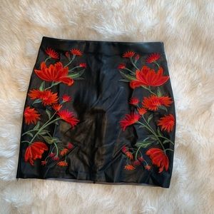 Vegan Leather Skirt with Red Floral Embellishment